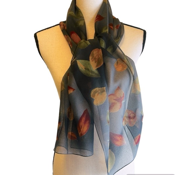 Vintage Oblong Scarf Grey Yellow Rust Leaf Print Liz Claiborne VTG 1990s - Picture 1 of 10
